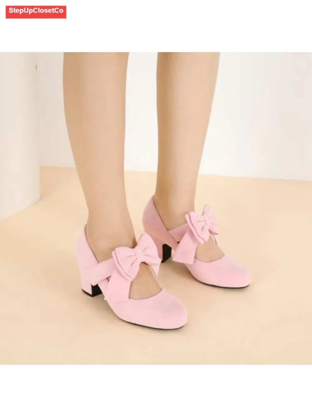 Women's Mary Jane Pumps Bow Block Heel Closed Round Toe Vintage Style